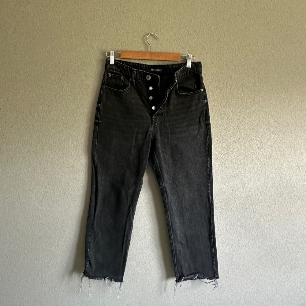 Zara Gray Button Fly Ankle Crop Jeans with Raw Hem 6